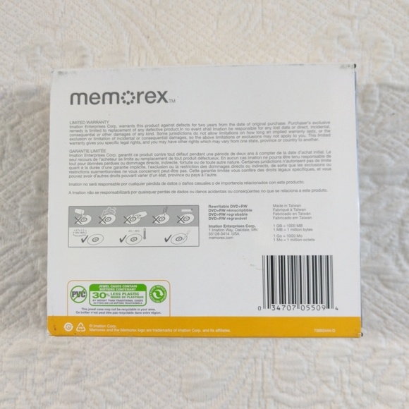 Memorex 10 Pack PAQ DVD+RW 4X 4.7 GB/GO 12 Min. New Disks - Picture 2 of 5